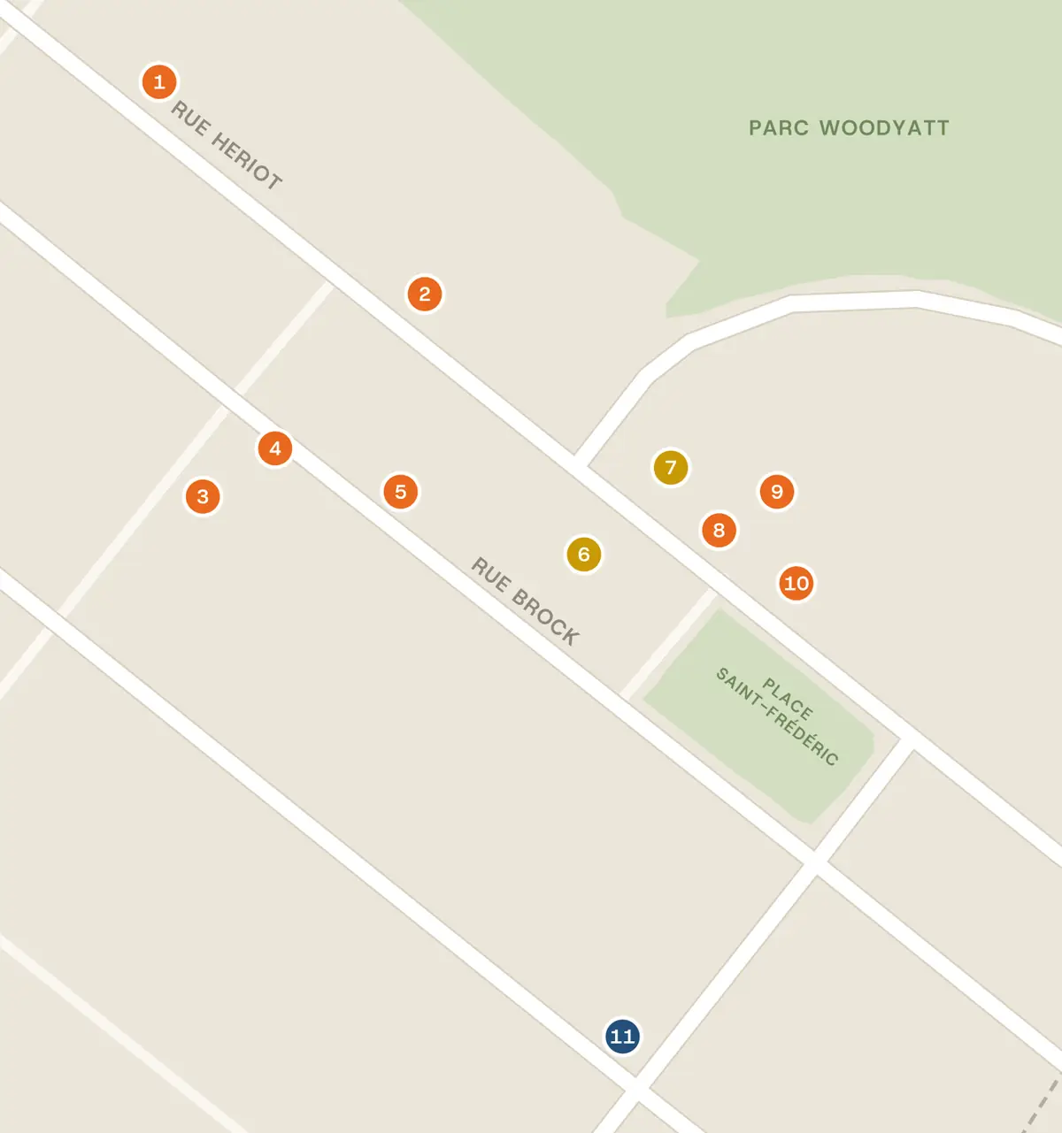 Carte du centre-ville de Drummondville avec les immeubles de Diversimmo numérotés