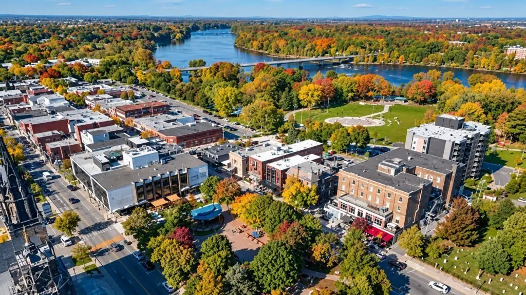 Vue aérienne du centre-ville de Drummondville, du parc Woodyatt et de la rivière Saint-François